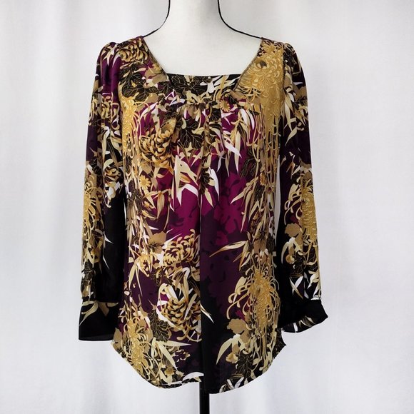 Tahari Purple and Gold Floral Print Oversized Fit Blouse Size M / L - Picture 1 of 11